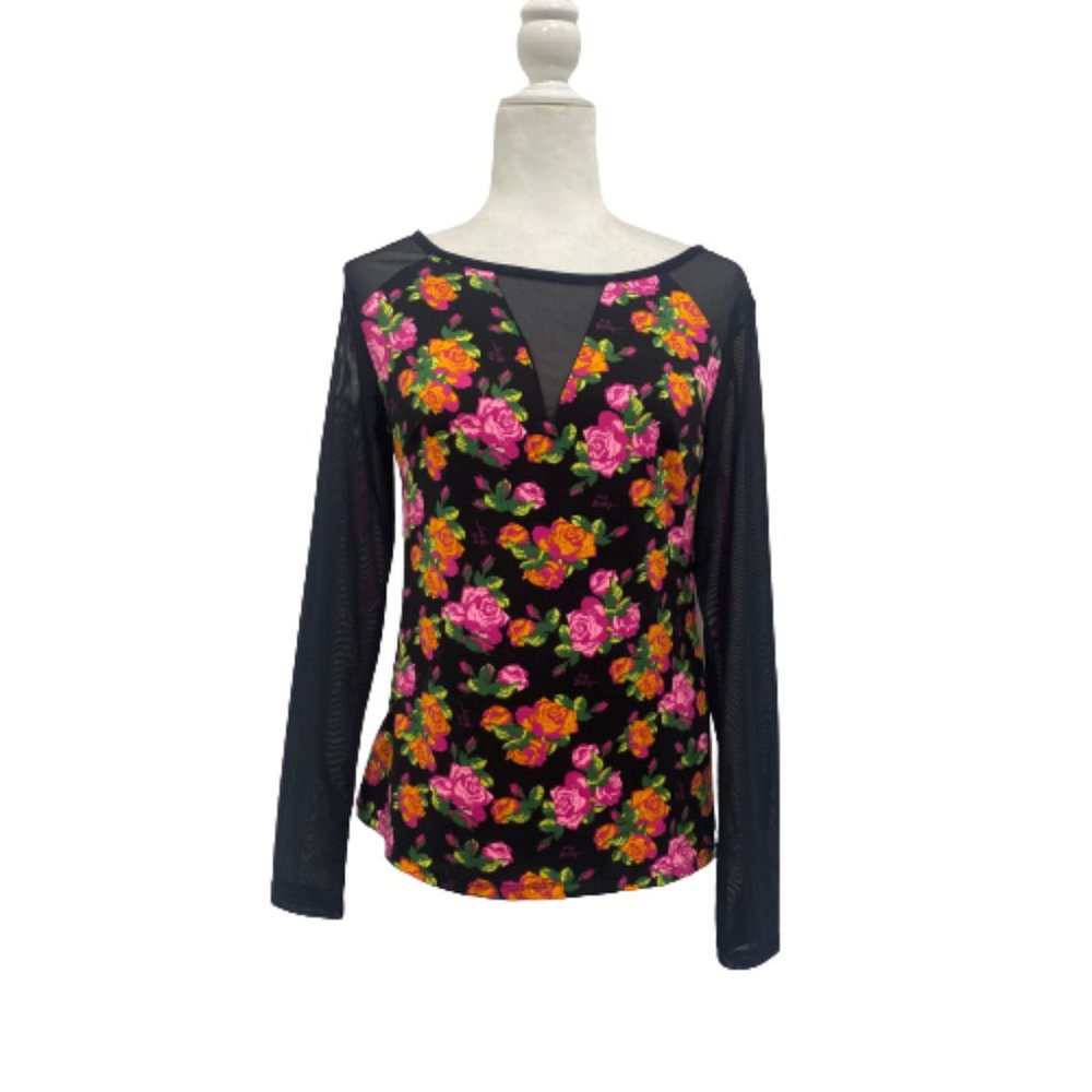 Betsey Johnson Floral Mesh Sleeve Top Size Small